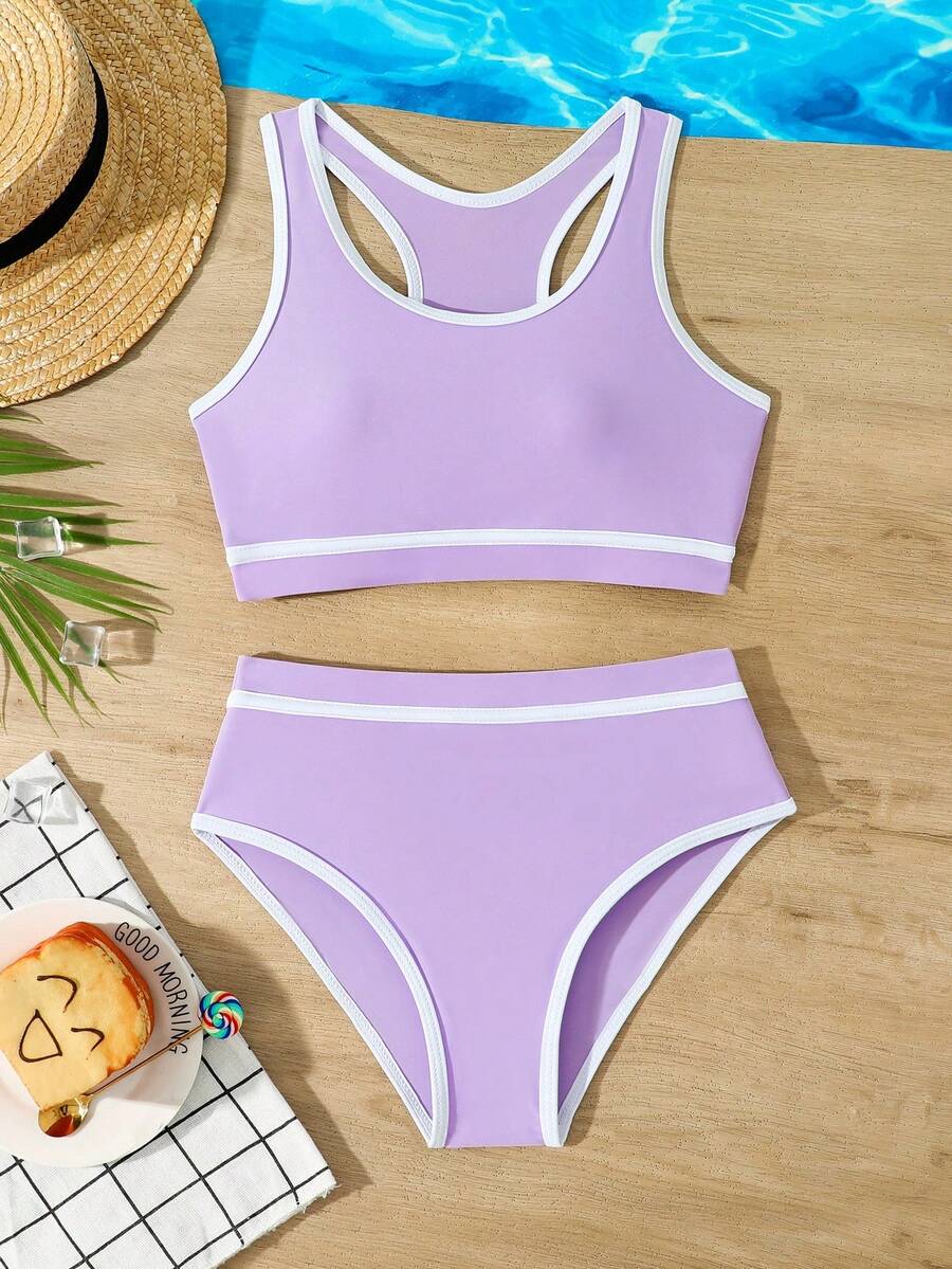 SHEIN Tween Girls' Summer Vacation Contrast Trim Halter Bikini Set - Purple - View 1