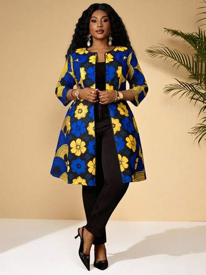 BrightlyHer Plus Size Women Floral Print Zip-Up Casual Versatile Long Jacket For Daily Wear Ankara African Plus Size Women African Print For Women African Print Blazer