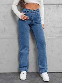 EURMUSE 100%Cotton Slant Pocket Straight Leg Jeans - Royal Blue - View 3