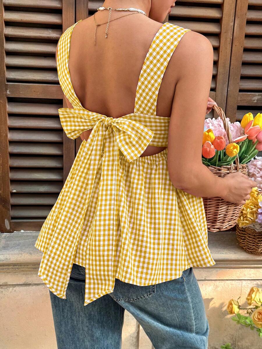 SHEIN 孕妇夏季休闲格子系带衬衫 - 黃色 - 查看 1