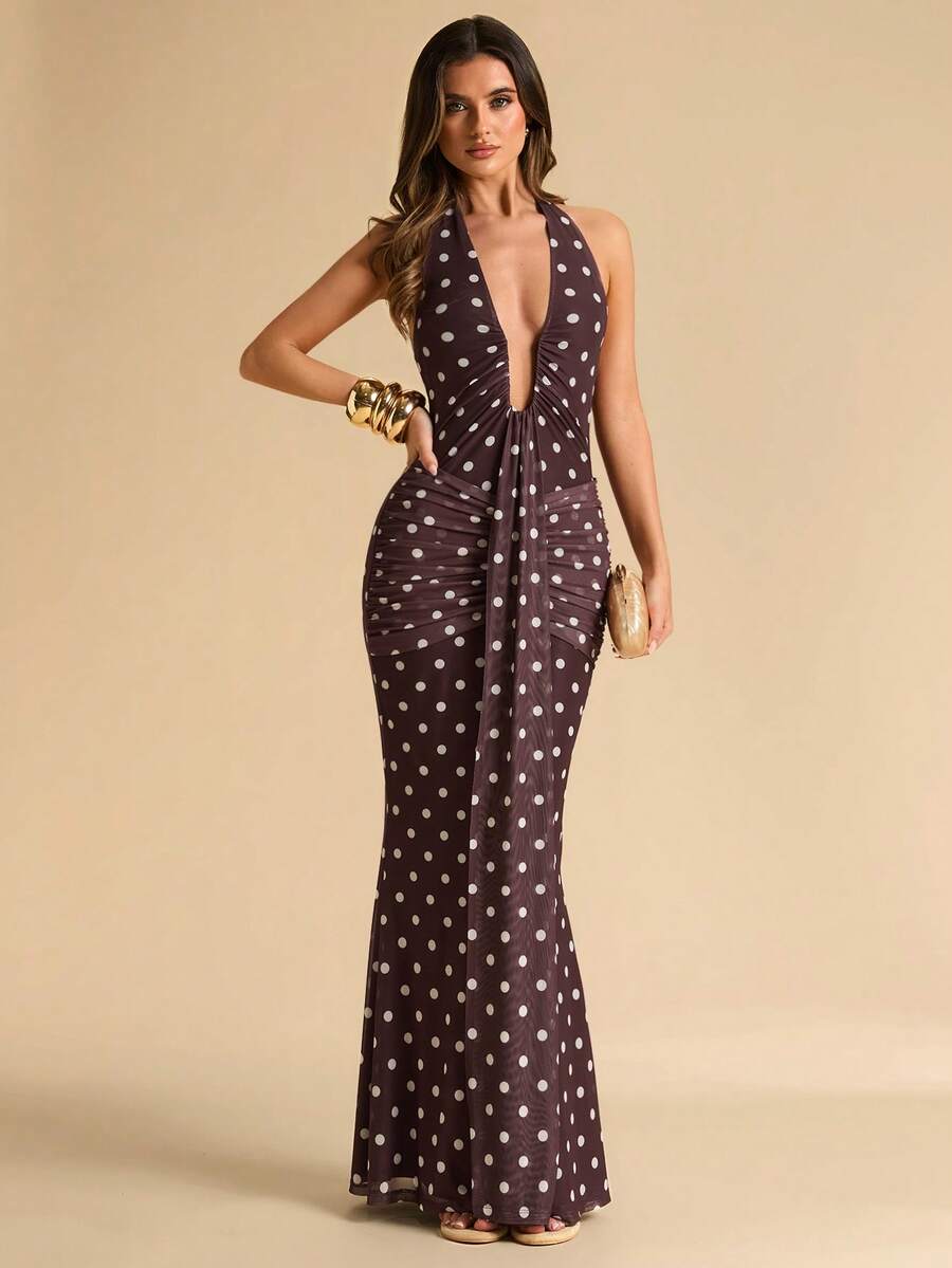 SHEIN BAE Đầm đuôi cá cổ yếm cổ chữ V sâu chấm bi dành cho nữ, đầm chấm bi, đầm thanh lịch, đầm đi nghỉ mát, đầm xuân/hè. - màu nâu - Xem 1