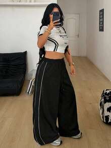 Coolane 女士加大码春夏简约基础款日常街头休闲运动风法式灰色宽松低腰阔腿运动裤 - 黑色 - 查看 5