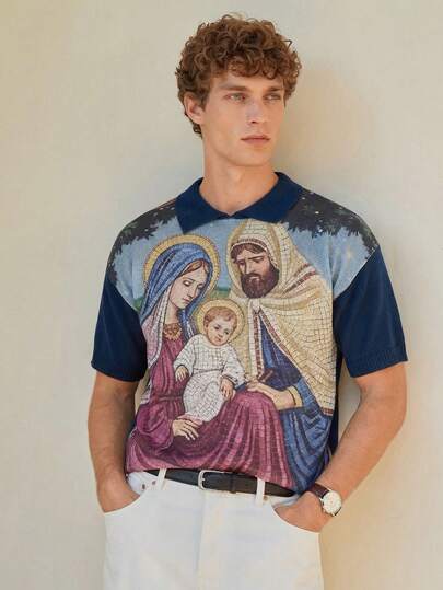 Manfinity CityGents Camisa polo casual de hombre con estampado de retrato, verano
