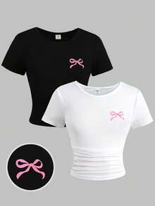 Girlism 2pcs/Set Tween Girl Black & White Bow Print Round Neck Short Sleeve T-Shirt - Black and White - View 3