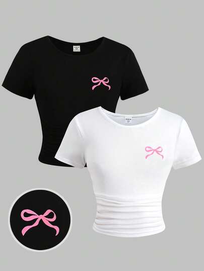 Girlism Set de 2 camisetas de manga corta con cuello redondo y estampado de lazos en blanco y negro para niña preadolescente