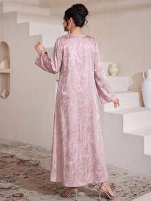 Al Najma Vestido de manga larga acampanada con cuello mao, bordado y jacquard de color borgoña, para primavera/verano - Rosa vieja - Ver 2