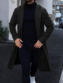 Manfinity Mode Men's Solid Color Button-Up Collar Long Sleeve Double-Breasted Casual Jacket, Autumn - Black - View 7