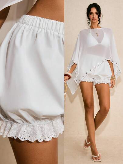 Poéselle Quần short nữ màu trơn, cạp chun, thêu hoa rỗng.