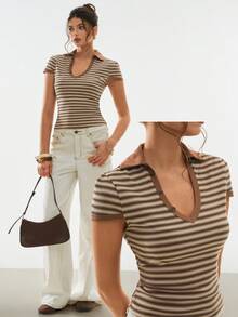 Poéselle 棕色条纹印花休闲修身女式短袖上衣 - 棕色 - 查看 4