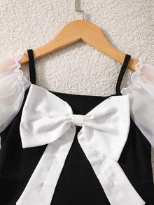 Elladie kids 1pc Tween Girl Color Block Bowknot Camisole Snug Fit Dress - Black - View 5