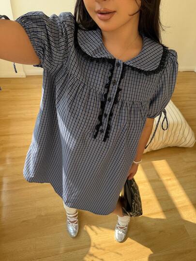 Sunnyshic 大码女式新款复古可爱浪漫度假风连衣裙，蕾丝边饰，彼得潘领，宽松格纹，灯笼蝴蝶结装饰，短袖，A字裙摆。适合春夏穿着。