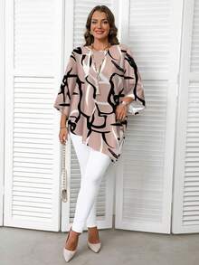 EMERY ROSE Plus Size Casual Asymmetric Hem Allover Print Shirt - Pink - View 5