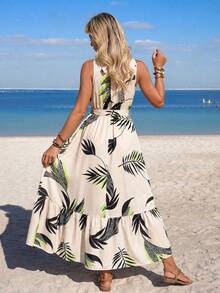 Breezaya Đầm nữ không tay dáng suông in họa tiết thực vật, mùa hè, kiểu boho thắt eo, viền bèo nhún, cổ tròn nhún bèo dáng dài, màu mơ in họa tiết khắp thân đầm, họa tiết cây cỏ, đầm dài dáng chữ A nhiệt đới cho nữ, mùa xuân/hè, trang phục maxi thường ngày cho nữ. - Màu be - Xem 2