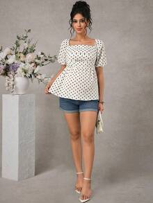 Momance Maternity Summer Retro Elegant Vacation Style Polka Dot Print Petal Sleeve Tie Back Babydoll Top - Beige - View 4