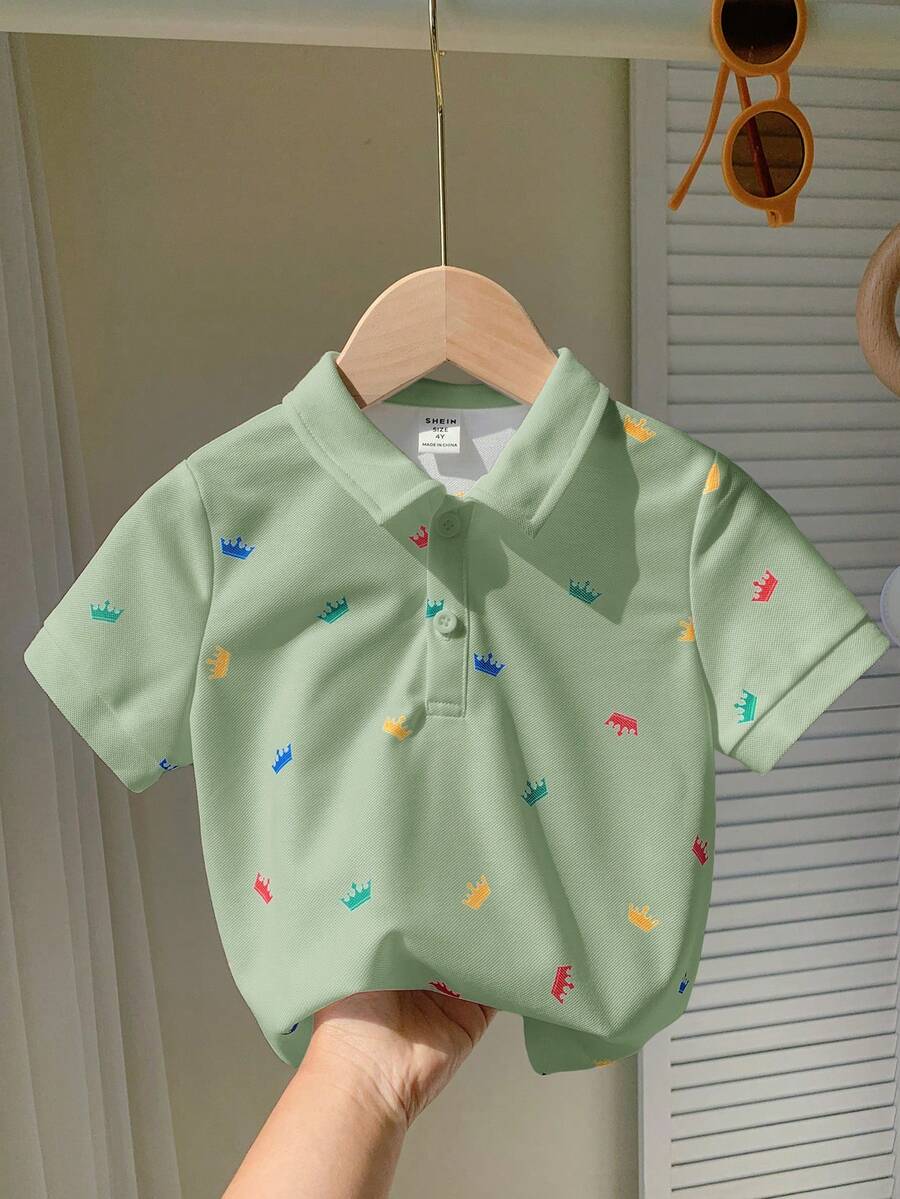 SHEIN 1 件年轻男孩休闲校园风格皇冠印花短袖 Polo 衫，舒适百搭，适合户外玩耍和上学，春夏季 - 薄荷綠 - 查看 1