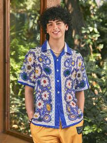 Open Phase 男女通用印花衬衫，米色上衣，几何图案，波西米亚风，夏威夷风，情侣衬衫，格子镂空，休闲外向，年轻人，休闲度假衬衫，情人节礼物，短袖，夏威夷风 - 藍色 - 查看 4