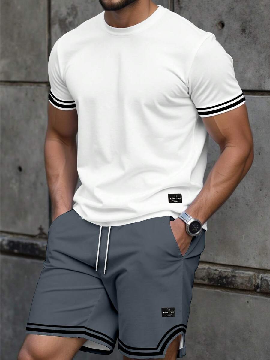 Manfinity Homme Conjunto de camiseta y pantalones cortos casuales de verano para hombres con rayas de contraste - Multicolor - Ver 1