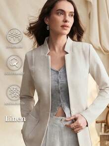 Zovinel 新款亚麻立领长袖女士西装外套，通勤风格 - 米色 - 查看 1