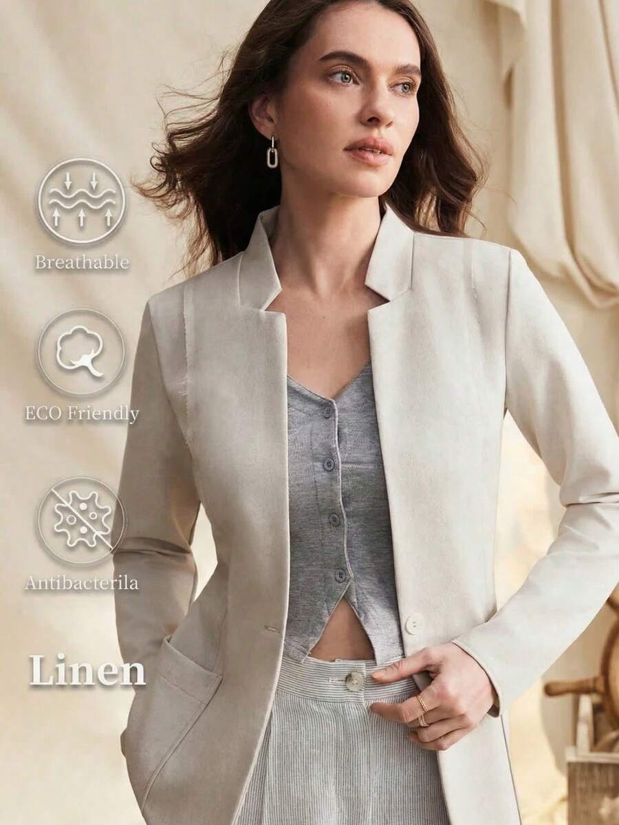 Zovinel 新款亚麻立领长袖女士西装外套，通勤风格 - 米色 - 查看 1