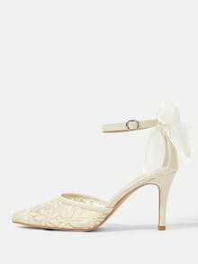 CUCCOO HITCHD 尖头细高跟镂空蕾丝和网眼蝴蝶结杏色婚礼派对优雅女士高跟鞋 - 杏色 - 查看 5