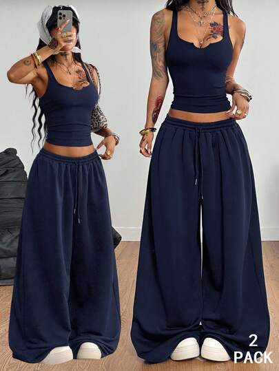 Coolane Women's Summer Concert Outfit Streetwear Y2K Casual Daily Wear Basic Sportswear Gyaru Notched Corset Stretchy Vest And Baggy Low Rise Pants Two Pieces Outfits