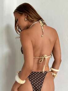 Aloruh 女士春夏新款复古撞色波点印花细肩带三角杯系带比基尼四件套泳衣，波点泳装四件套 - 彩色 - 查看 2