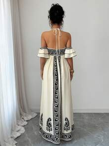 SHEIN Raffinéa Đầm đi nghỉ mát in họa tiết phong cách Bohemian hở vai tay bồng thời trang dành cho nữ - Màu be - Xem 2