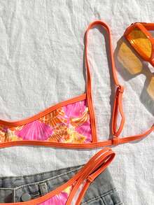 Swim Mod Set bikini con stampa a conchiglia, casual e sexy, per vacanze al mare, nuovo costume da bagno estivo da donna, costume da bagno retrò per donna - Multicolore - Visualizzare 3