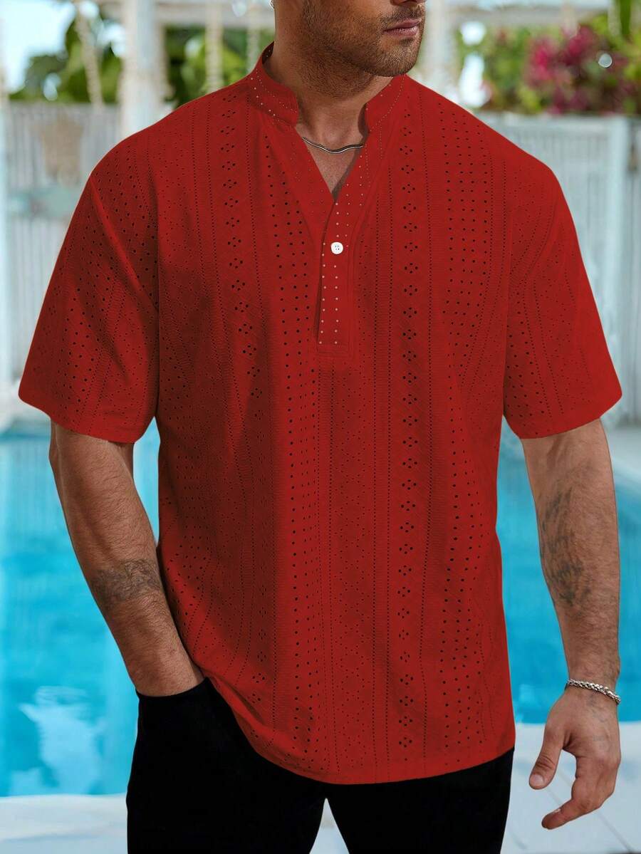 Genlund Áo sơ mi nam cỡ lớn cổ chữ V màu trơn, kiểu dáng thường ngày, đa năng, tay ngắn. - Đỏ - Xem 1