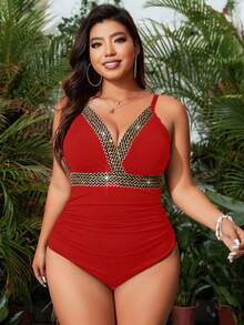 Swim Lushoire Plus Size Women Vacation Ribbon Trim Fashionable One-Piece Swimsuit - Red - View 5