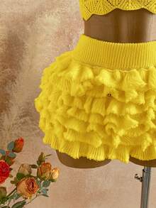 Soleia Bộ đồ hai mảnh lãng mạn dành cho nữ, gồm áo hai dây cổ yếm buộc dây và chân váy mini xếp tầng, thích hợp cho bãi biển, bờ biển, gợi cảm, hẹn hò, kỳ nghỉ biển. - Màu vàng - Xem 5