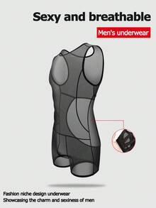 SHEIN 男士弹力网眼透视露背性感紧身衣 - 黑色 - 查看 1