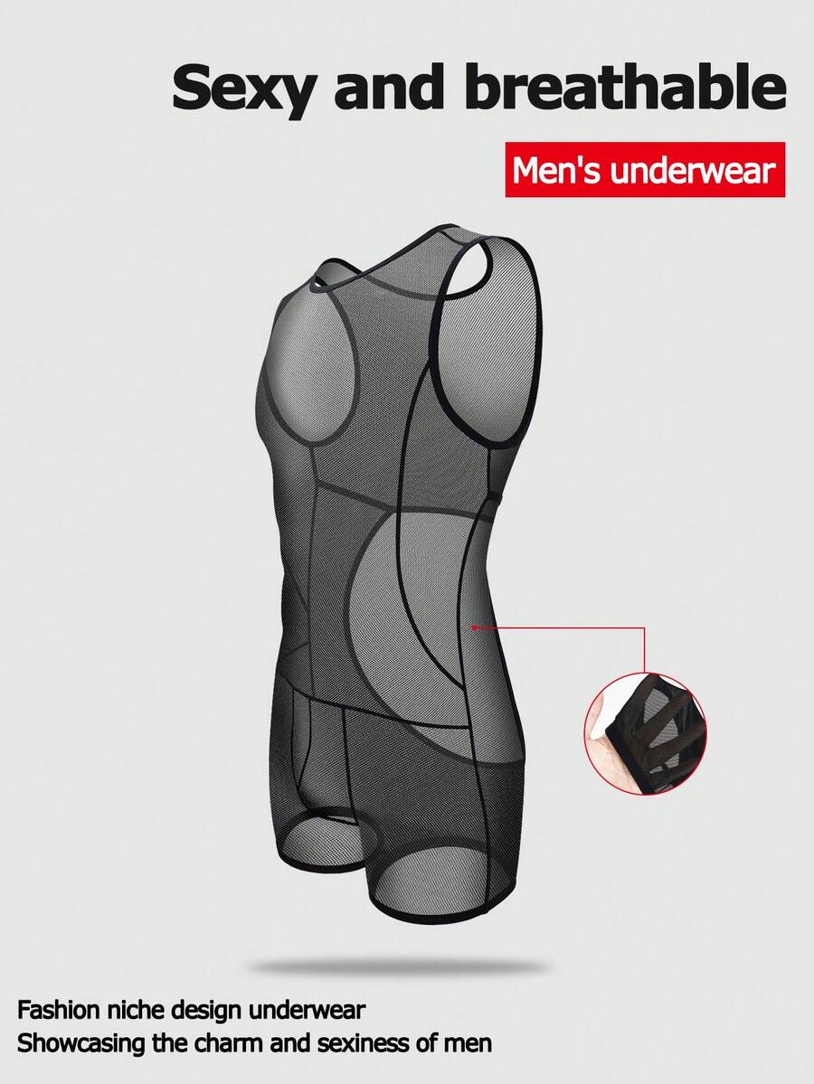 SHEIN 男士弹力网眼透视露背性感紧身衣 - 黑色 - 查看 1