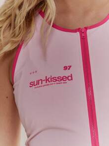 MUSERA 修身撞色滚边印花拉链长款无袖上衣，春夏可爱少女风，适合度假、海滩、日常休闲穿着。 - 粉色 - 查看 6