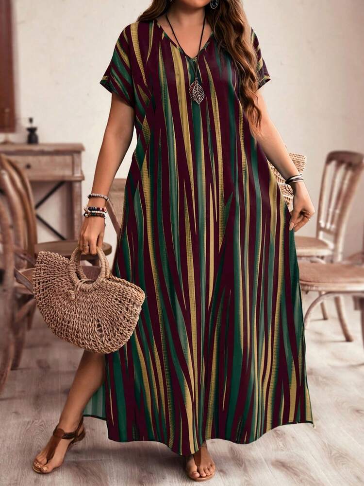 Plus Size Women's Striped Color Block Side Reflected Color Striped Maxi Long Beach Dress For Vacation Women's Summer Dresses Women Holiday Dress Summer Dress Summer Outfits Summer Clothes Spring Dress Spring Outfit Women Spring Clothing Country Style For Women Country Dress For Women Vacation Outfits Women Festival Outfits For Women Beach Outfits For Women