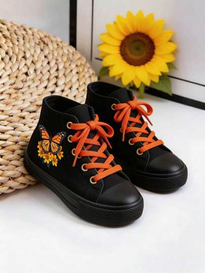 zapatillas de lona para niñas lona color básico altos confort 100% dibujo de mariposa monarca lona excelente calidad dibujo de perrito tierno liso 13 al 21 mx colores básicos liga negro blanco naranja