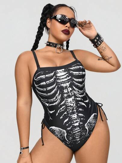 ROMWE Goth Traje de baño de una pieza con estampado de esqueleto talla grande, para vacaciones y playa