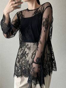 FRIFUL Women's Solid Color Layered Sheer Lace Flare Sleeve Loose Casual Versatile Spring Top Going Out Tops Long Sleeve Tops - Black - View 5