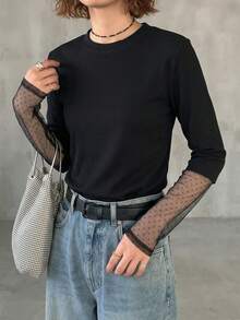 FRIFUL Kaos Wanita Lengan Panjang Leher Bulat Motif Leopard Patchwork Kasual Longgar Serbaguna, Musim Gugur/Dingin - Hitam - View 7