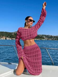 EURMUSE 2pcs Crochet Jacquard Hollow Out Loose Fit Cover Up Set - Dusty Pink - View 7