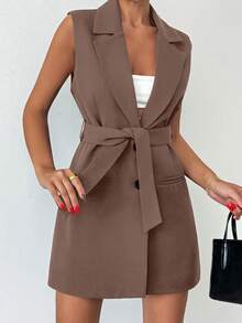 EURMUSE Women's Solid Color Lapel NeckCasual Sleeveless Commuter Blazer - Brown - View 4