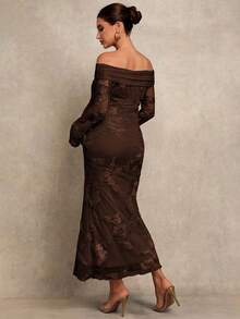 MaterniChic Vestido elegante con hombros descubiertos, estampado floral y bajo de cola de pez para mujeres embarazadas, primavera/verano - Café integral - Ver 2