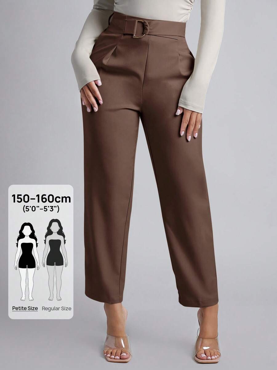 SHEIN PETITE Quần dài lưng cao màu trơn cho nữ - Cà phê nâu - Xem 1