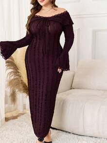 Modelyn Plus Size Women's Off-Shoulder Ruffle Long Sleeve Fitted Lace Patchwork Elegant Dress - Red Violet - View 6