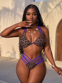 Slaydiva Vacation Sexy Lace-Up Leopard Print Bikini Set For Women - Blue - View 6