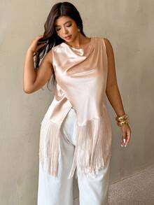 Auralis New Summer Satin Fabric Plus Size Elegant Commuting Workplace Long Tassel Hem Casual Top / Collar Pleated Loose Collar Modern Elegant Shirt / New Asymmetrical Hem Loose Shirt Silk Top For Women Elegant Blouse For Women Casual Modern Latest Tops For Women New Arrivals Sleeveless Top Satin Top Fringe Top - Apricot - View 3