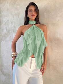 Aloruh Áo camisole nữ thanh lịch nhiều lớp, cổ đứng, viền bèo nhún, ôm sát. - Màu xanh Ô liu - Xem 7