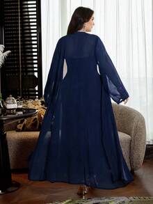 Modelyn Elegant Solid Color Ruched Waist Fitted Dress & Loose Chiffon Long Sleeve Cardigan Two Pieces Set, Plus Size, Spring/Autumn - Navy Blue - View 2