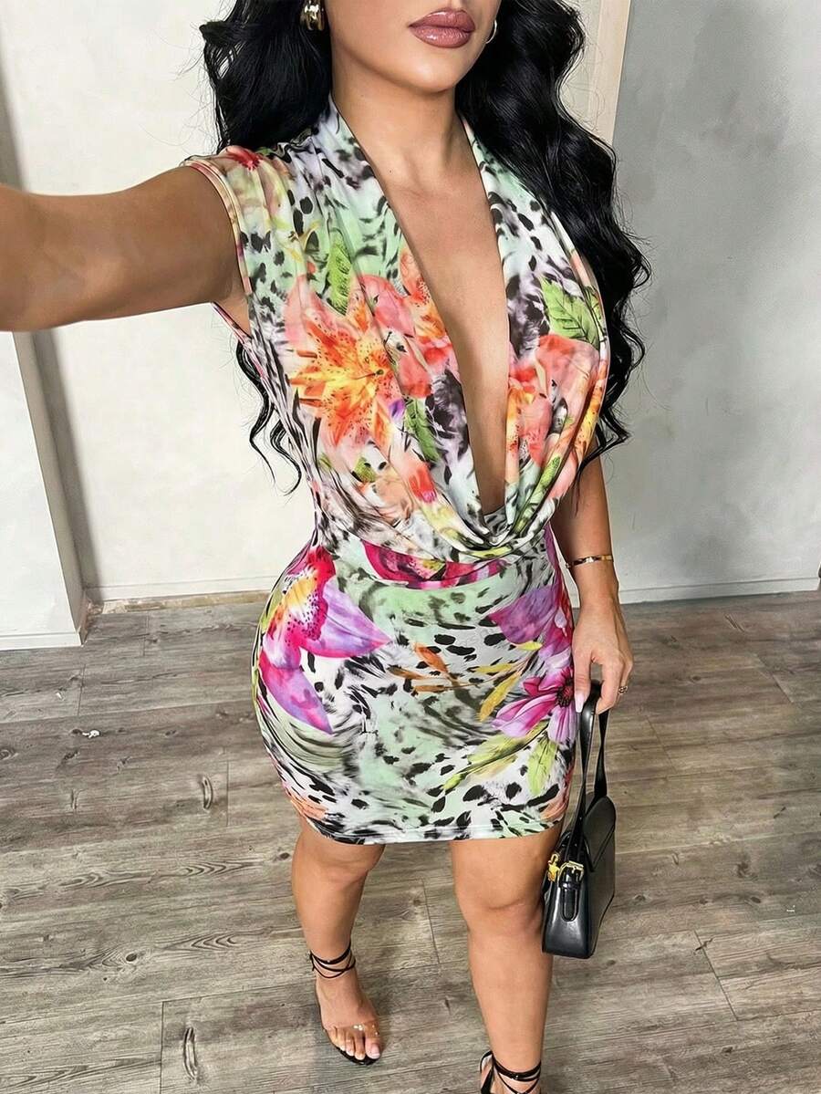 SHEIN SXY 女士性感黑色垂褶露背修身迷你连衣裙，夏季 - 彩色 - 查看 1