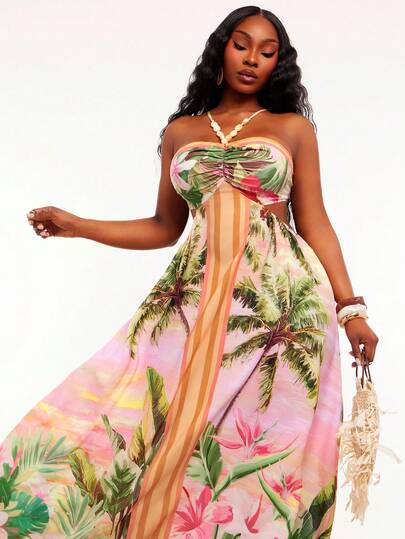 Radiana Plus Size Women's Spring/Summer Coconut Tree Print Ruched Halter Casual Vacation Date Dress